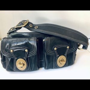 Black Leather Coach Handbag with Striped Lining